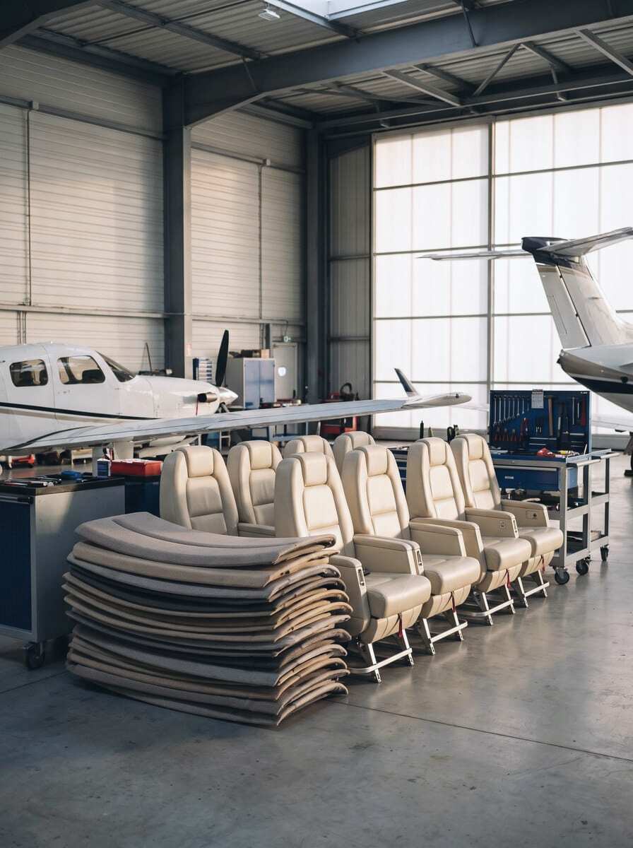 Des sièges de cabine d’avion d’affaires récupérés, empilés en vue du réemploi