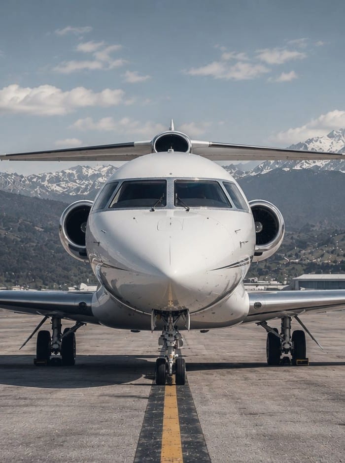 Un jet d’affaires vu de face sur une aire de trafic, montagnes enneigées en fond