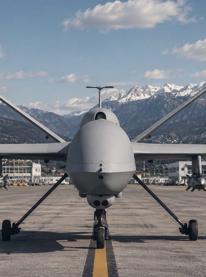 Un drone militaire de surveillance vu de face sur une aire de trafic, montagnes en fond