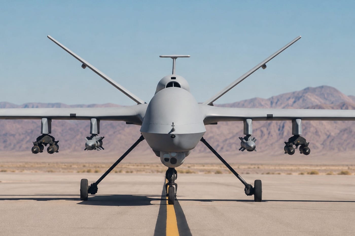 Un drone militaire de surveillance de face sur une piste désertique, montagnes en fond