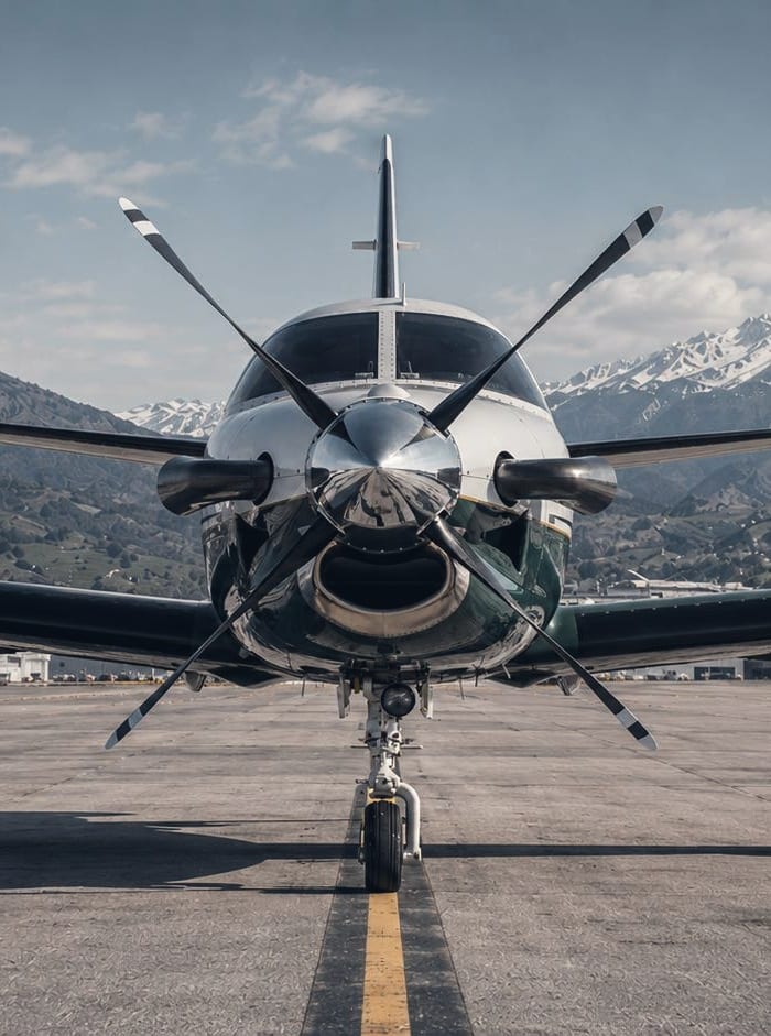 Un turbopropulseur monomoteur vu de face sur une aire de trafic, montagnes enneigées en fond