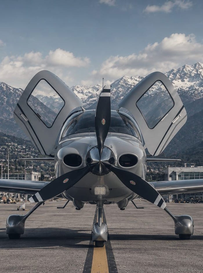 Un avion léger quatre places vu de face, portes papillon ouvertes, montagnes en fond