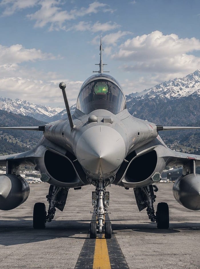 Un Rafale vu de face sur une aire de trafic, montagnes enneigées en fond